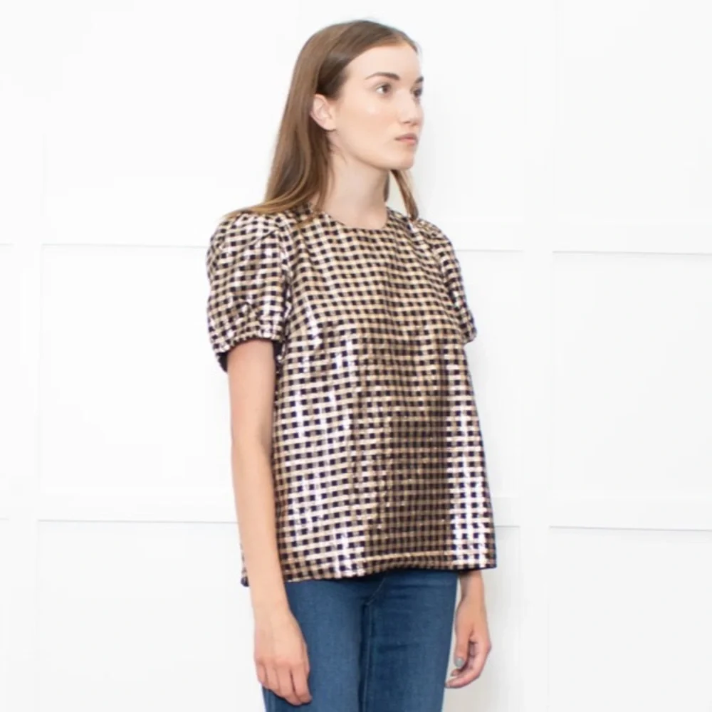 J. Crew Lurex Metallic Gold & Black Plaid Puff Sleeve Top, Size Medium, NWT - Picture 7 of 16